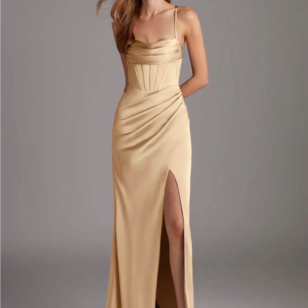 Azazie Satin Champagne Dress with Slit